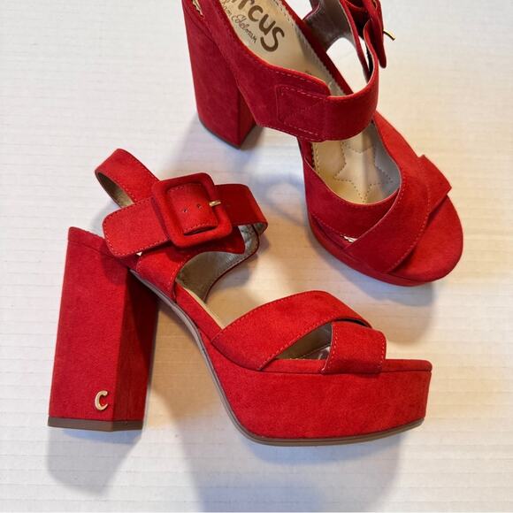 Sam Edelman Circus Red Suede Leather Chunky Platform Sandals Heels Womens 7 - Picture 10 of 10